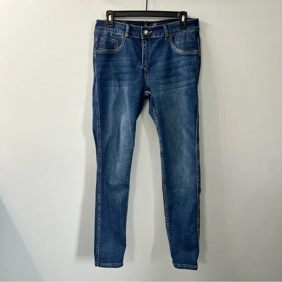 Tempo Paris Blue Floral Reversible Denim Skinny Jeans Cotton Blend Large - Picture 16 of 16